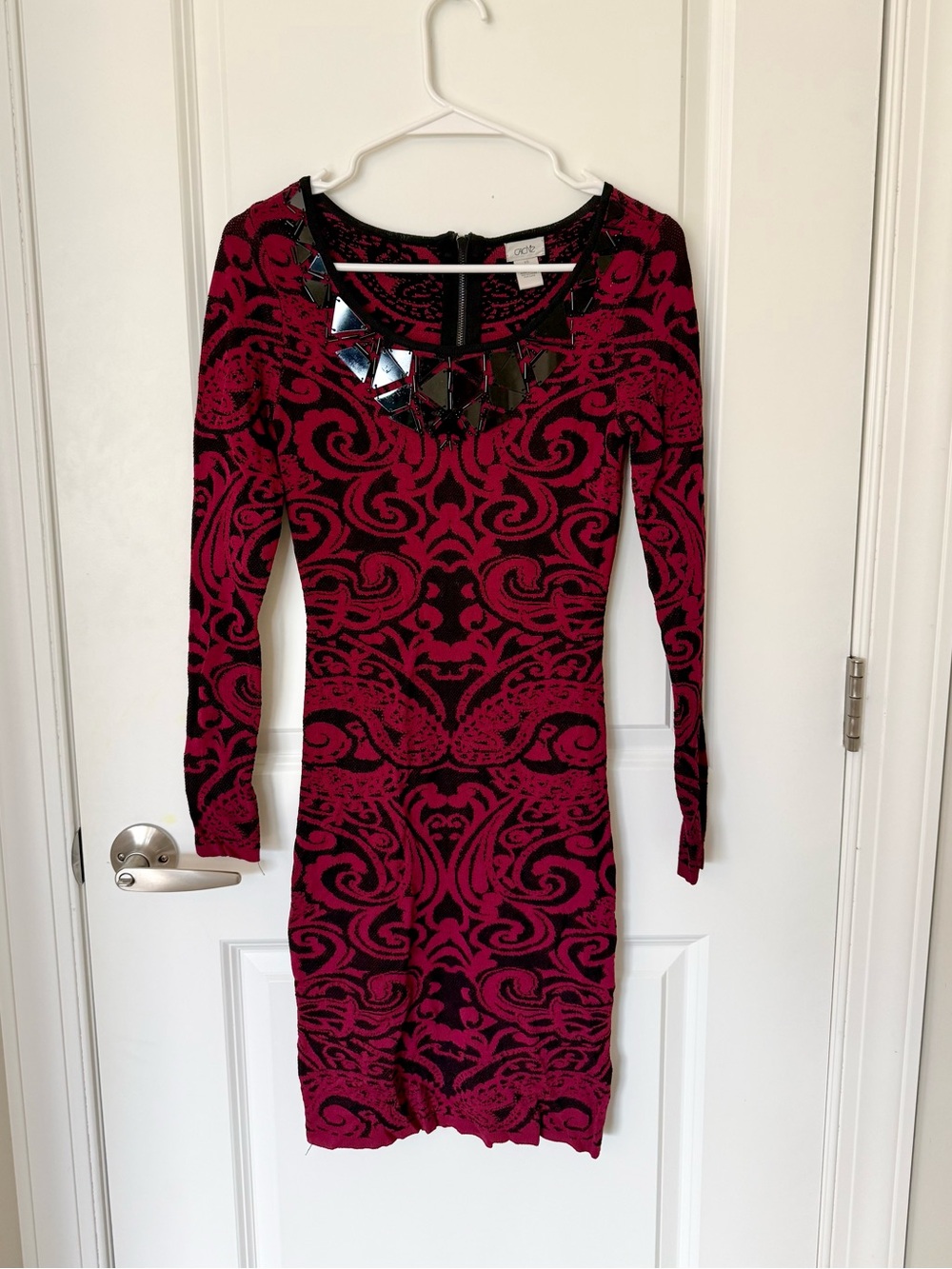 Vintage Cache Dress Burgundy Black Paisley Bodycon Embellished Neckline